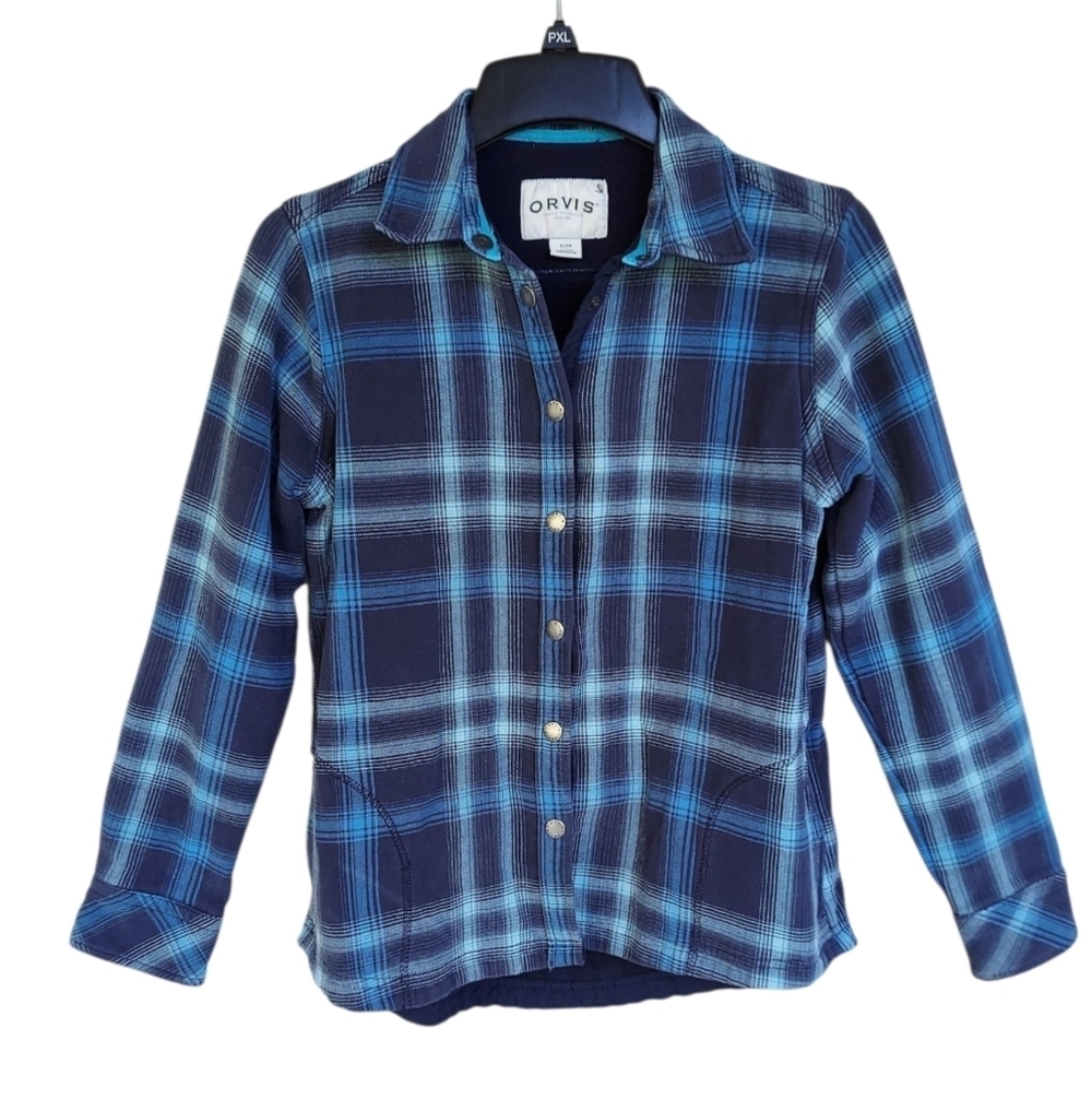 Orvis Navy and Light Blue Plaid Fleece Lined Shirt Jacket Womens Small